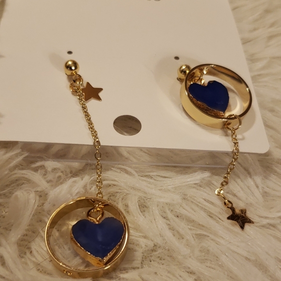 Stone Blue Heart Dangle Star Earrings - Picture 4 of 6